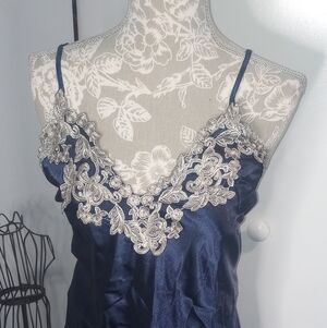 Navy Blue Satin Nightgown with Lace